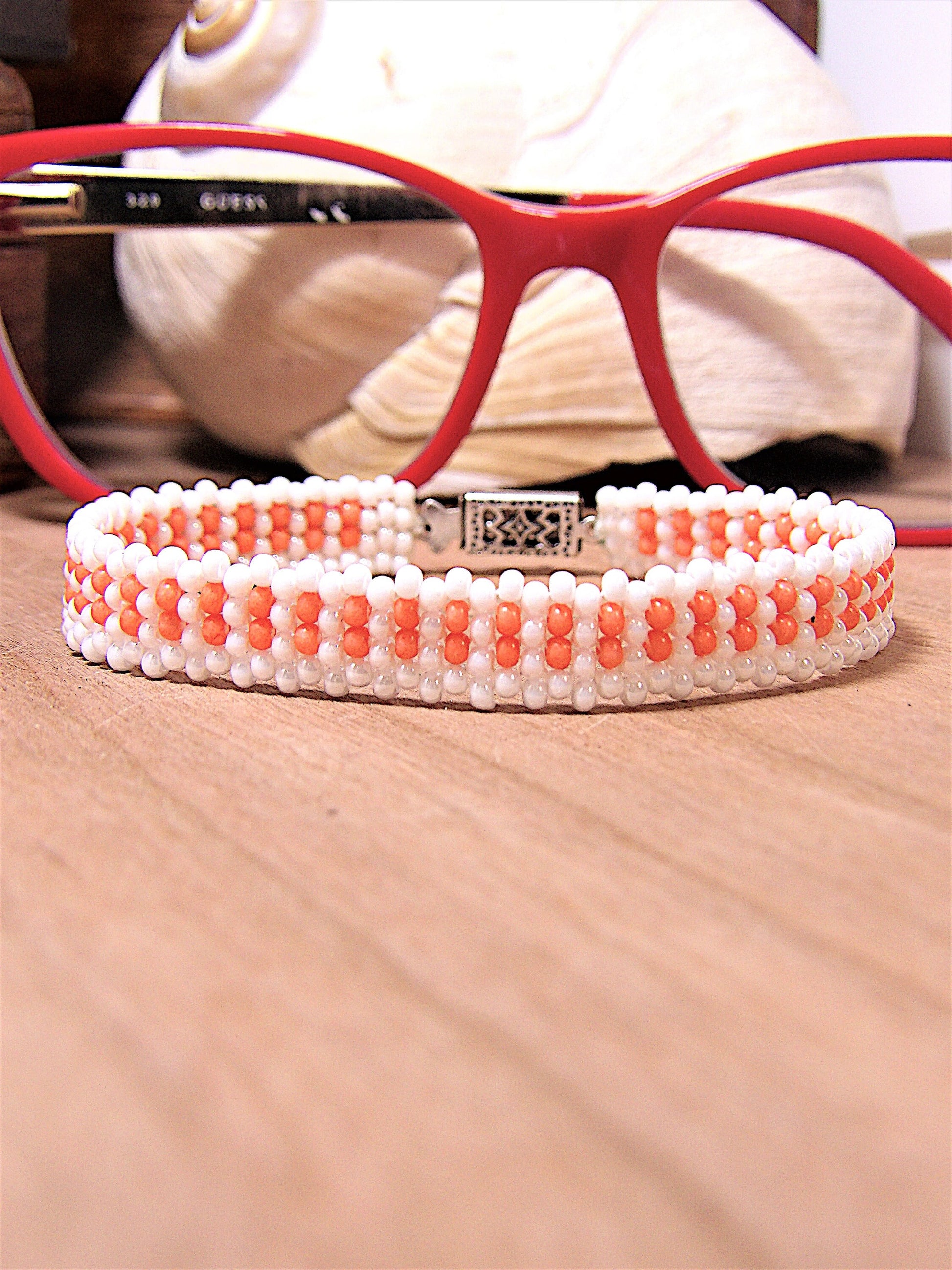 Dainty Pearl White & Light Peach Coral Czech Glass Seed Bead Bracelet W/Orante Clasp | Woven Bohemian Jewelry | Handmade USA Boutique Gift