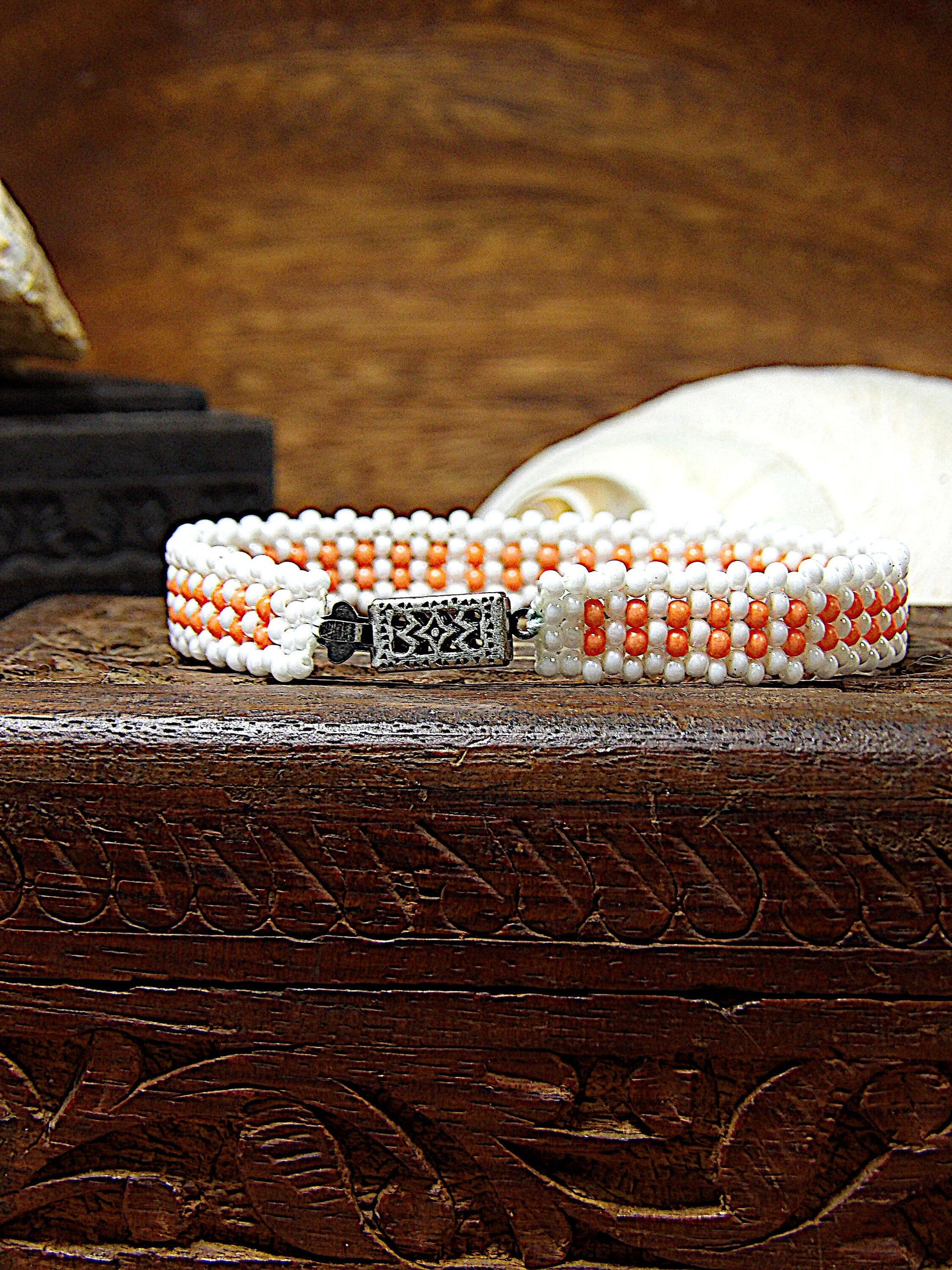 Dainty Pearl White & Light Peach Coral Czech Glass Seed Bead Bracelet W/Orante Clasp | Woven Bohemian Jewelry | Handmade USA Boutique Gift