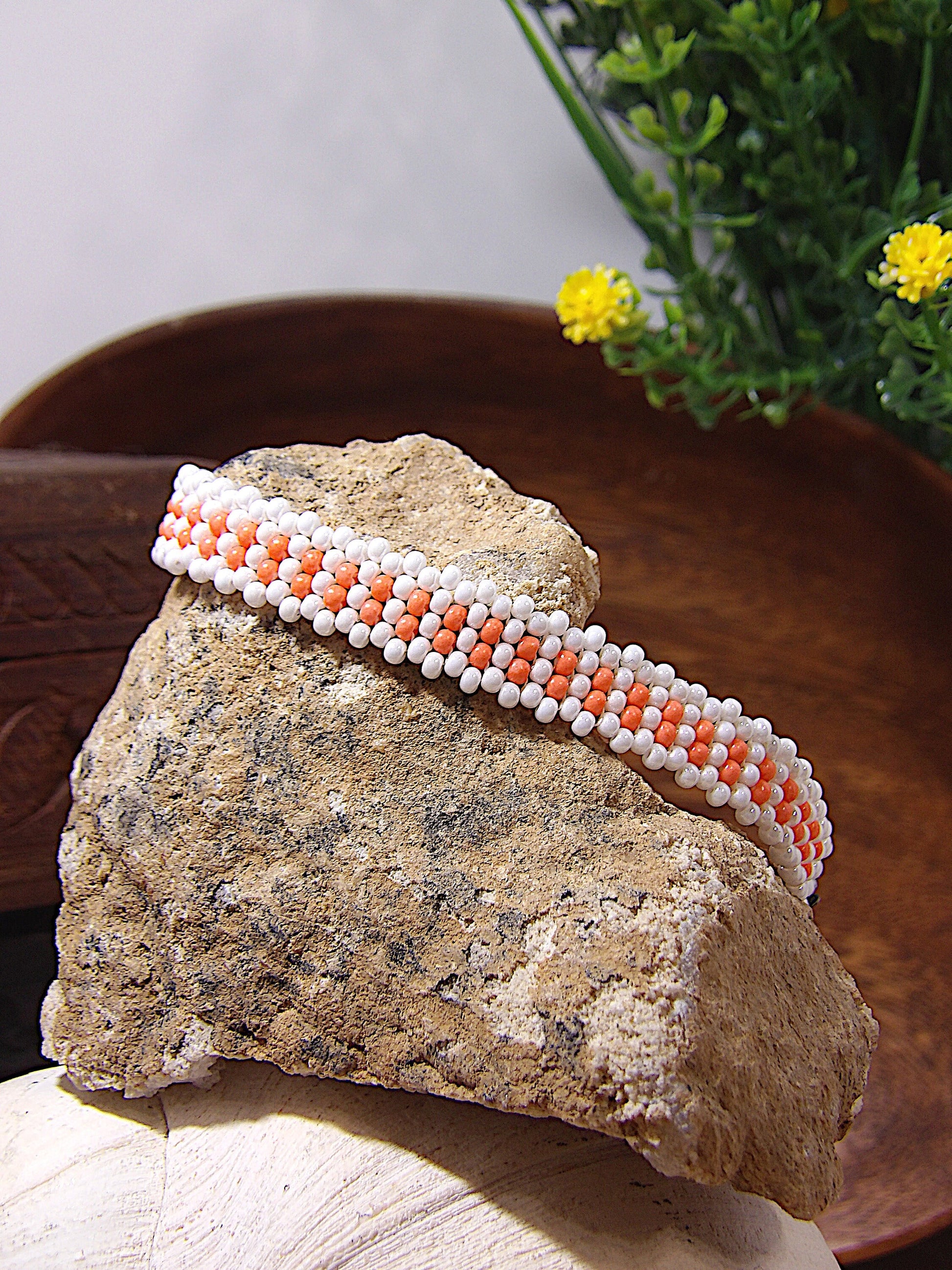 Dainty Pearl White & Light Peach Coral Czech Glass Seed Bead Bracelet W/Orante Clasp | Woven Bohemian Jewelry | Handmade USA Boutique Gift