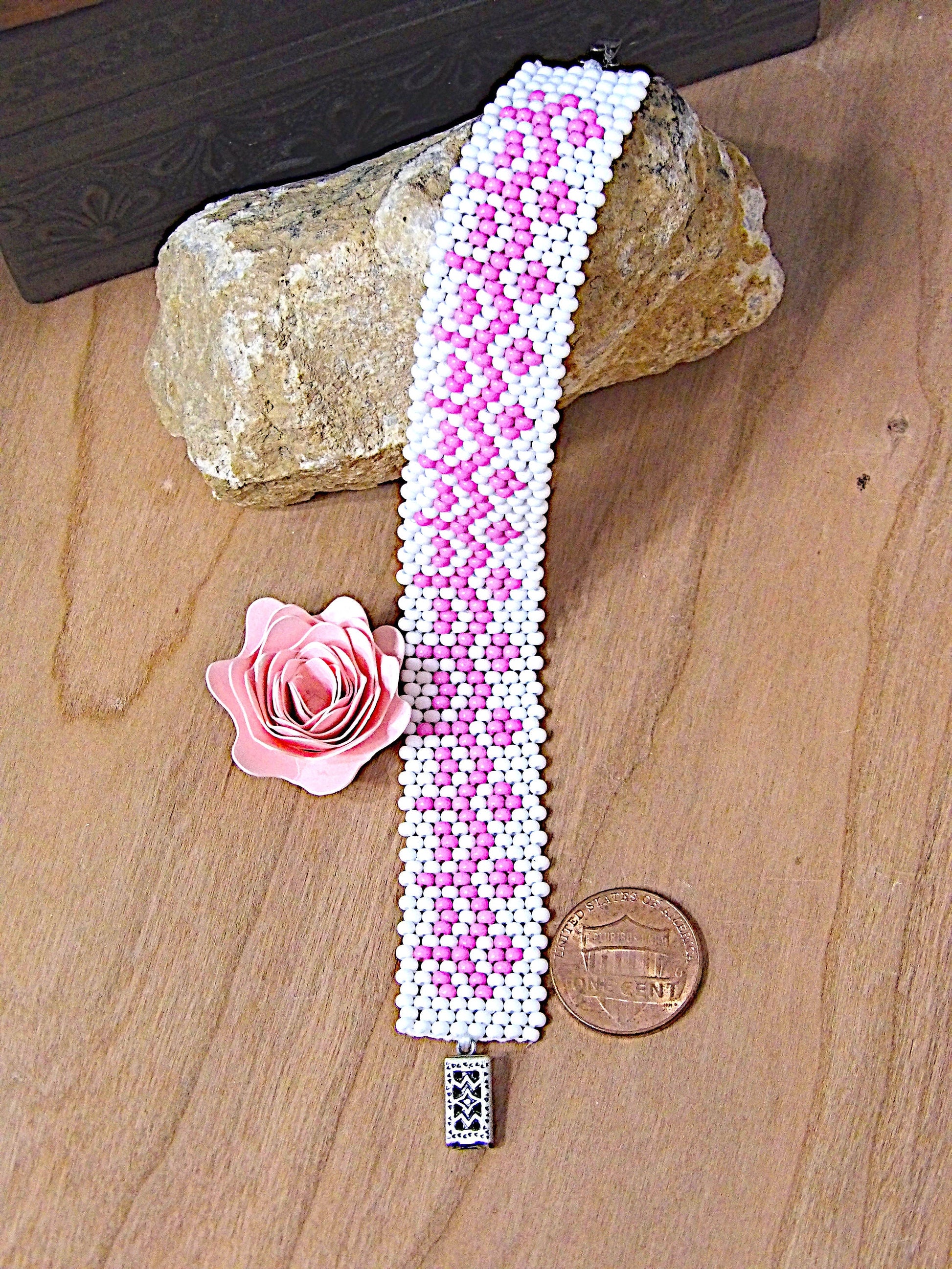 Pink & White Hand Woven Glass Beaded Bracelet | Seed Bead Folk Pattern Cuff | Wide Preppy Beaded Bracelet | Unique Boutique Jewelry Gift