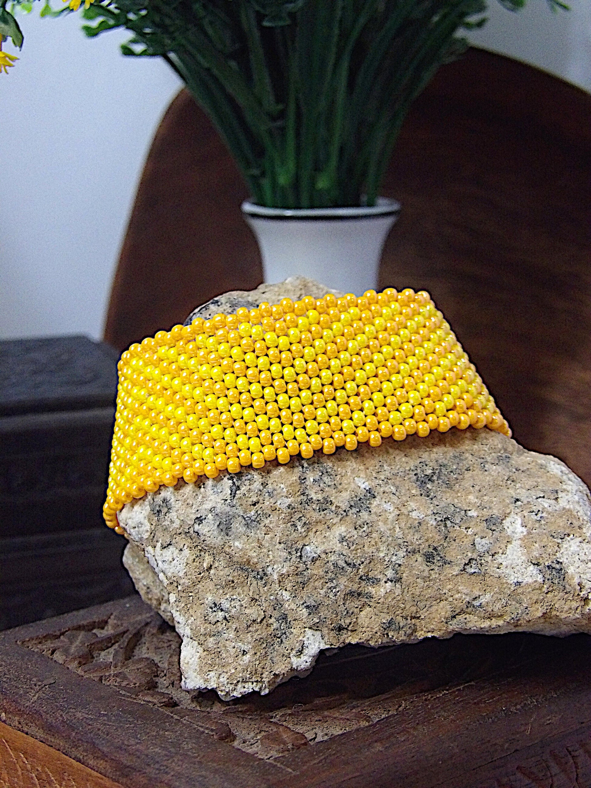 Wide Cuff Triangle Stripe Seed Bead Bracelet | 90s Aesthetic | Woven Beadwork | Colorful Boho Bracelet | One Of A Kind Boutique Jewelry Gift