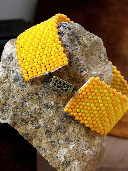 Wide Cuff Triangle Stripe Seed Bead Bracelet | 90s Aesthetic | Woven Beadwork | Colorful Boho Bracelet | One Of A Kind Boutique Jewelry Gift