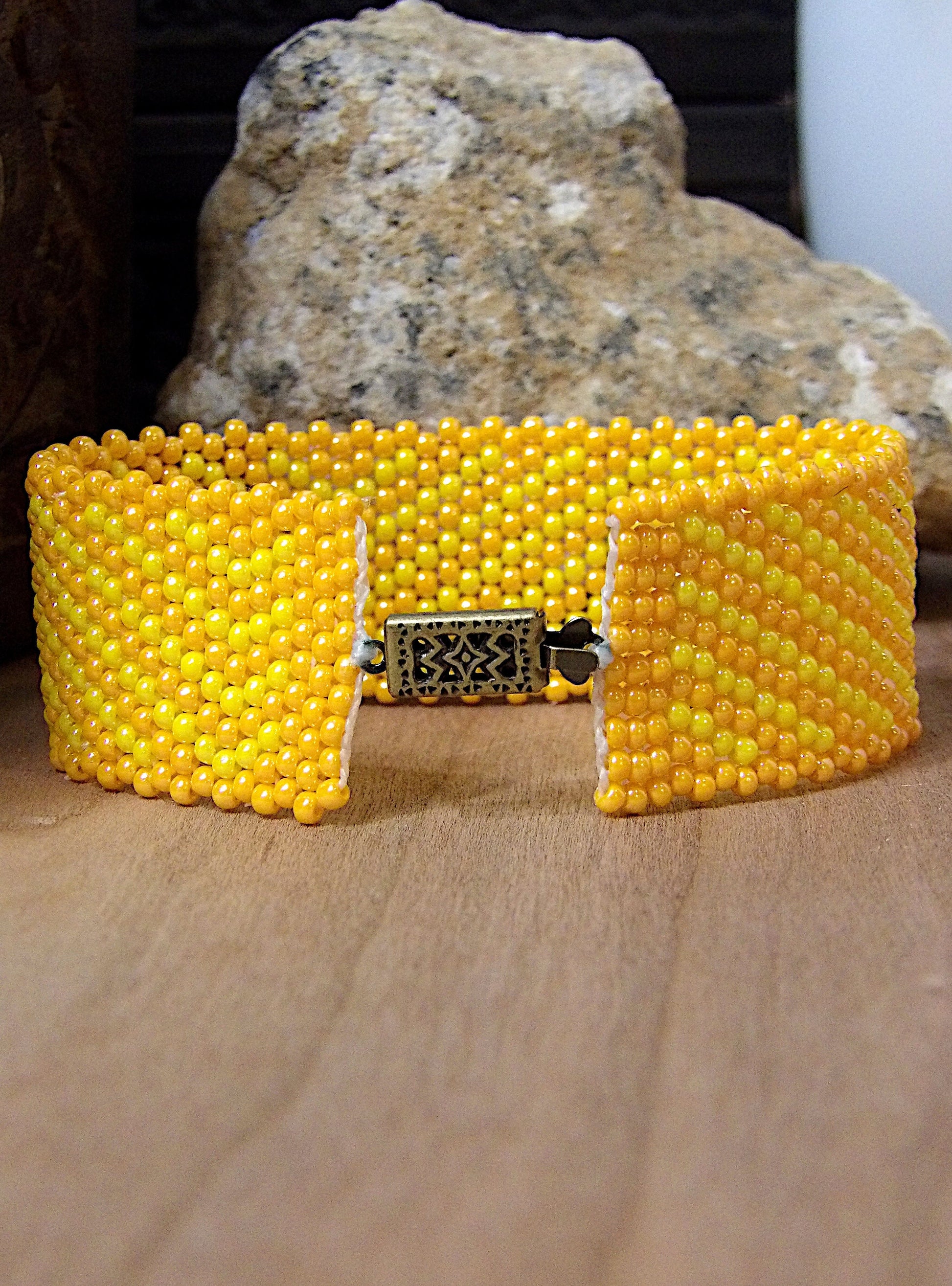 Wide Cuff Triangle Stripe Seed Bead Bracelet | 90s Aesthetic | Woven Beadwork | Colorful Boho Bracelet | One Of A Kind Boutique Jewelry Gift