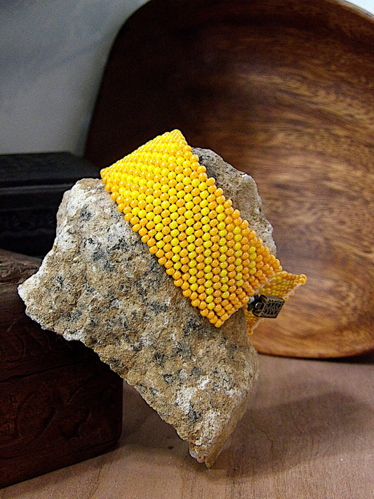 Wide Cuff Triangle Stripe Seed Bead Bracelet | 90s Aesthetic | Woven Beadwork | Colorful Boho Bracelet | One Of A Kind Boutique Jewelry Gift