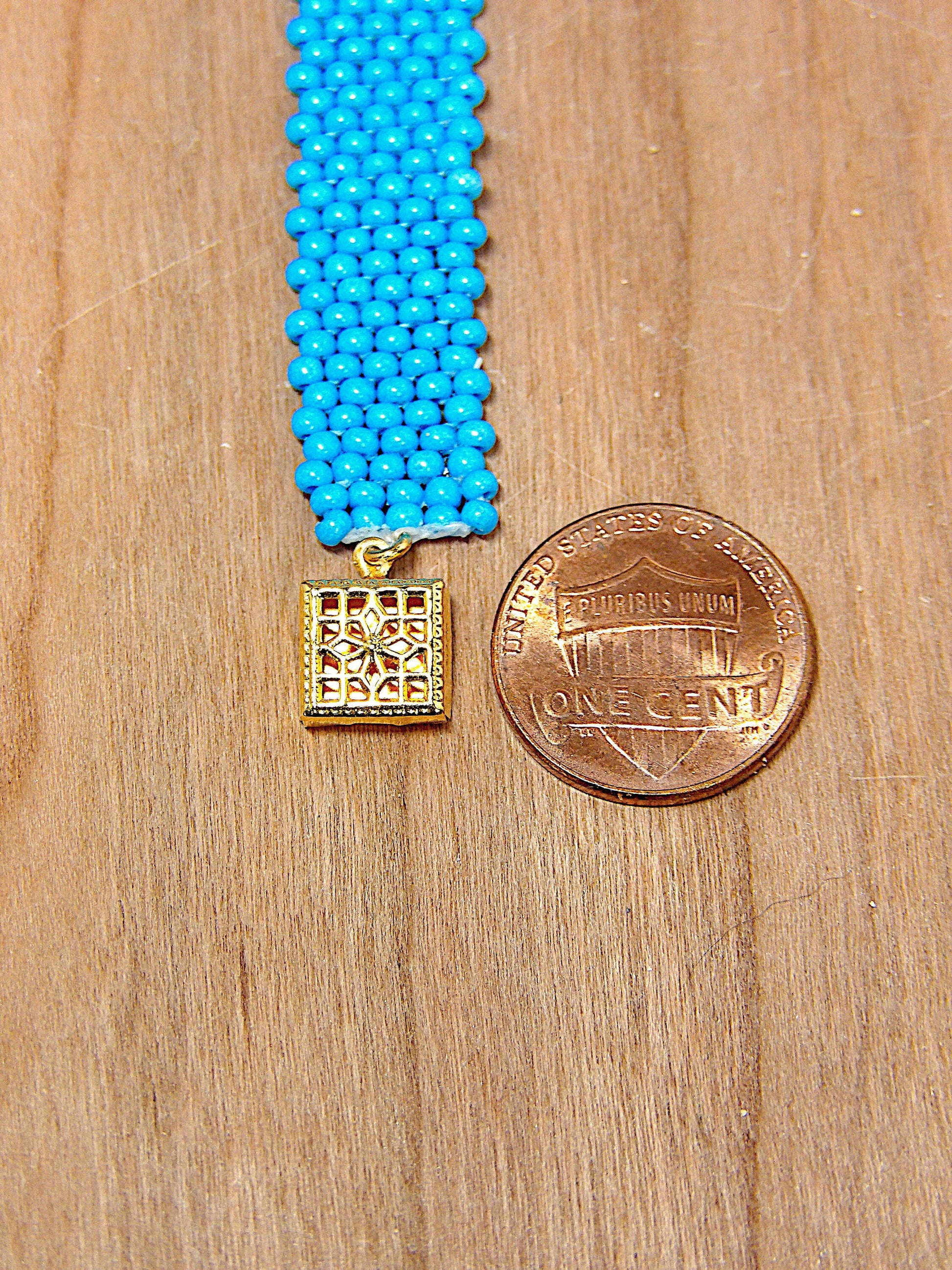 Blue Turquoise Czech Glass Seed Bead Bracelet w/Gold Filigree Box Clasp | Beaded Boho Cuff Bracelet | Woven Bohemian Jewelry | Boutique Gift