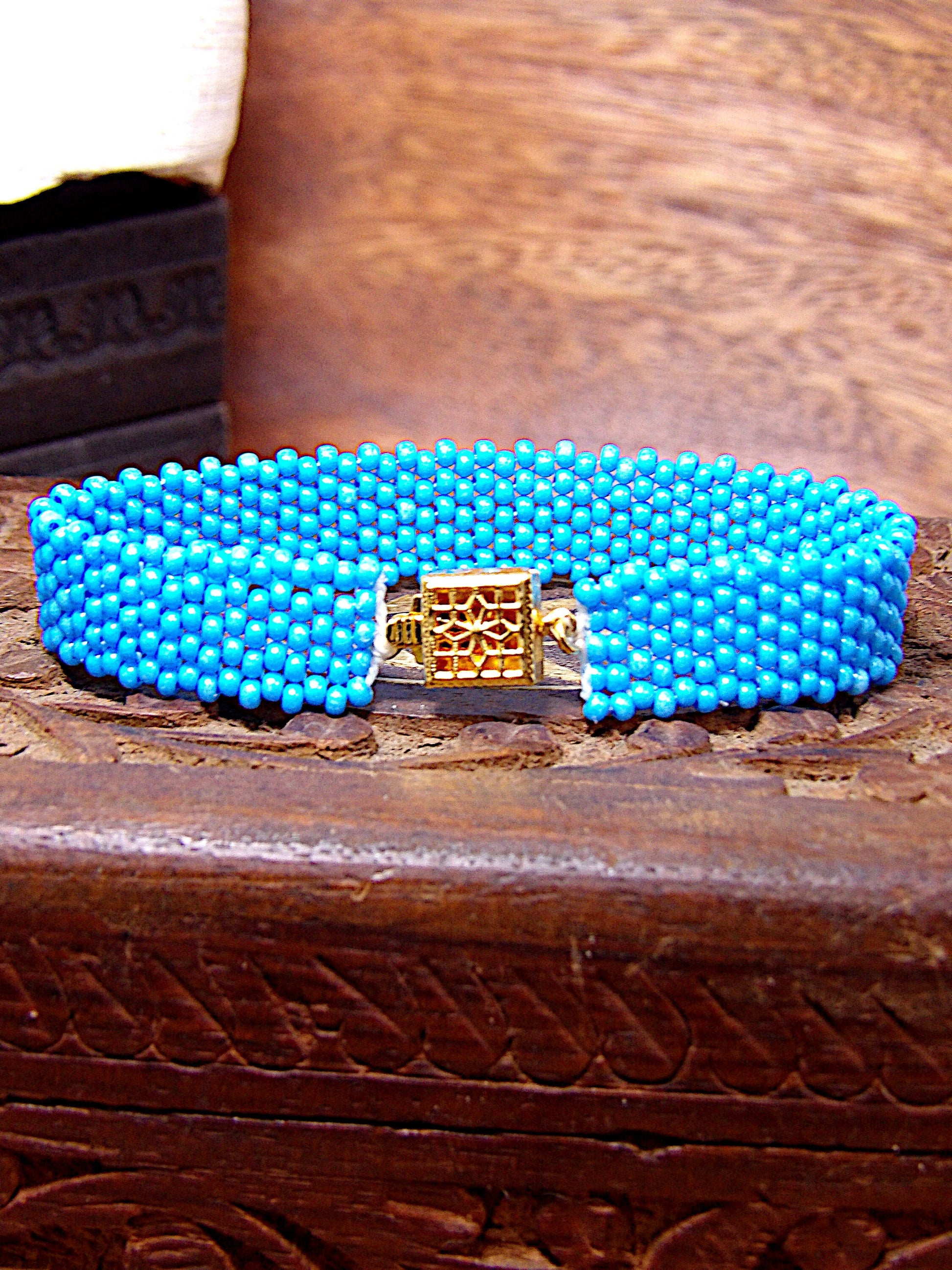 Blue Turquoise Czech Glass Seed Bead Bracelet w/Gold Filigree Box Clasp | Beaded Boho Cuff Bracelet | Woven Bohemian Jewelry | Boutique Gift