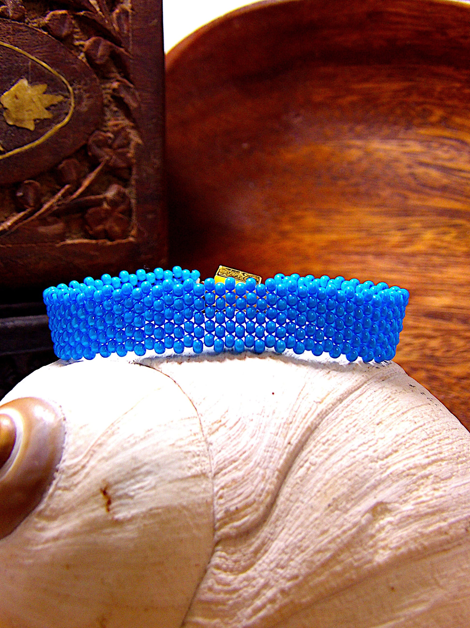 Blue Turquoise Czech Glass Seed Bead Bracelet w/Gold Filigree Box Clasp | Beaded Boho Cuff Bracelet | Woven Bohemian Jewelry | Boutique Gift