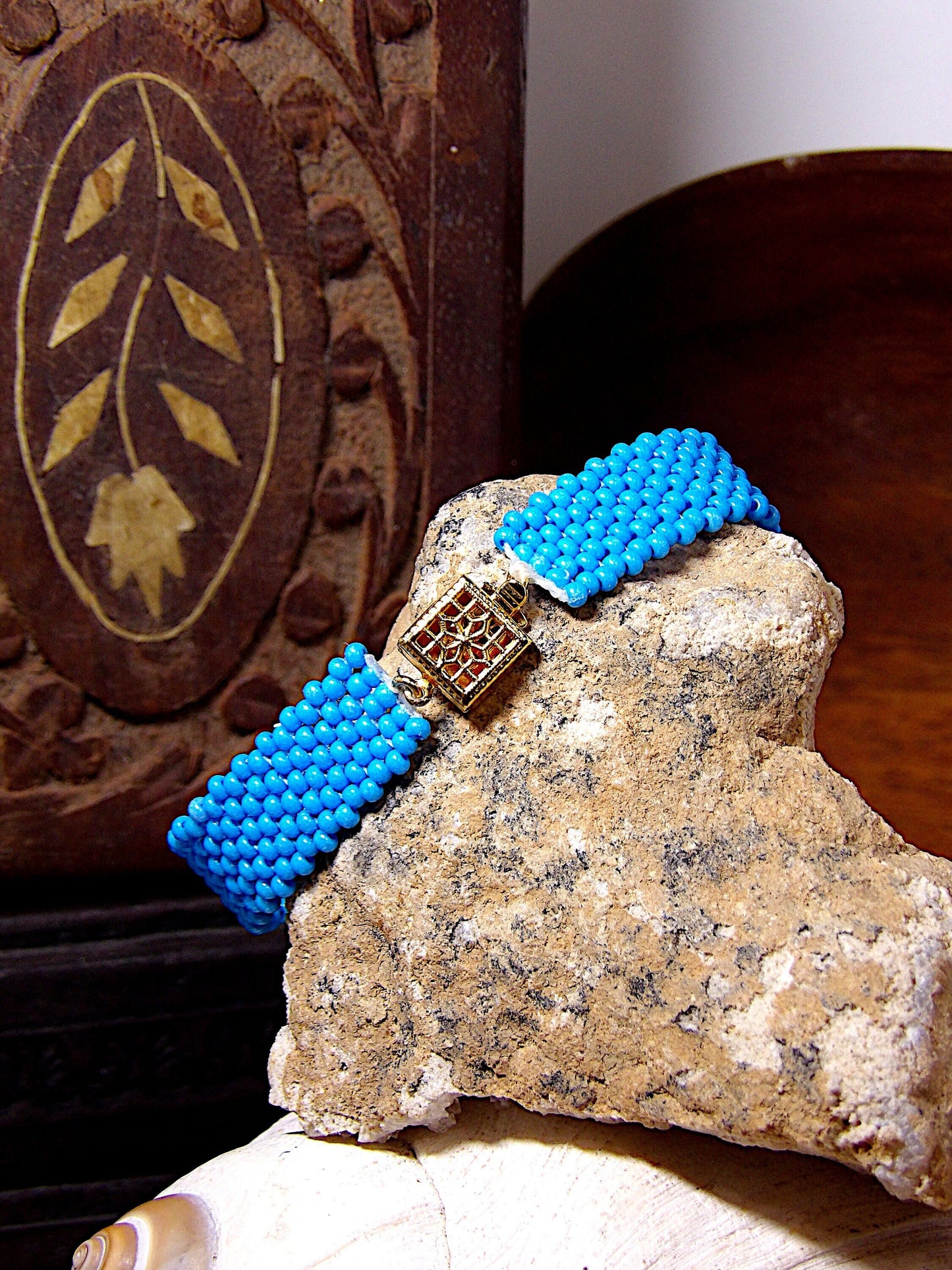 Blue Turquoise Czech Glass Seed Bead Bracelet w/Gold Filigree Box Clasp | Beaded Boho Cuff Bracelet | Woven Bohemian Jewelry | Boutique Gift