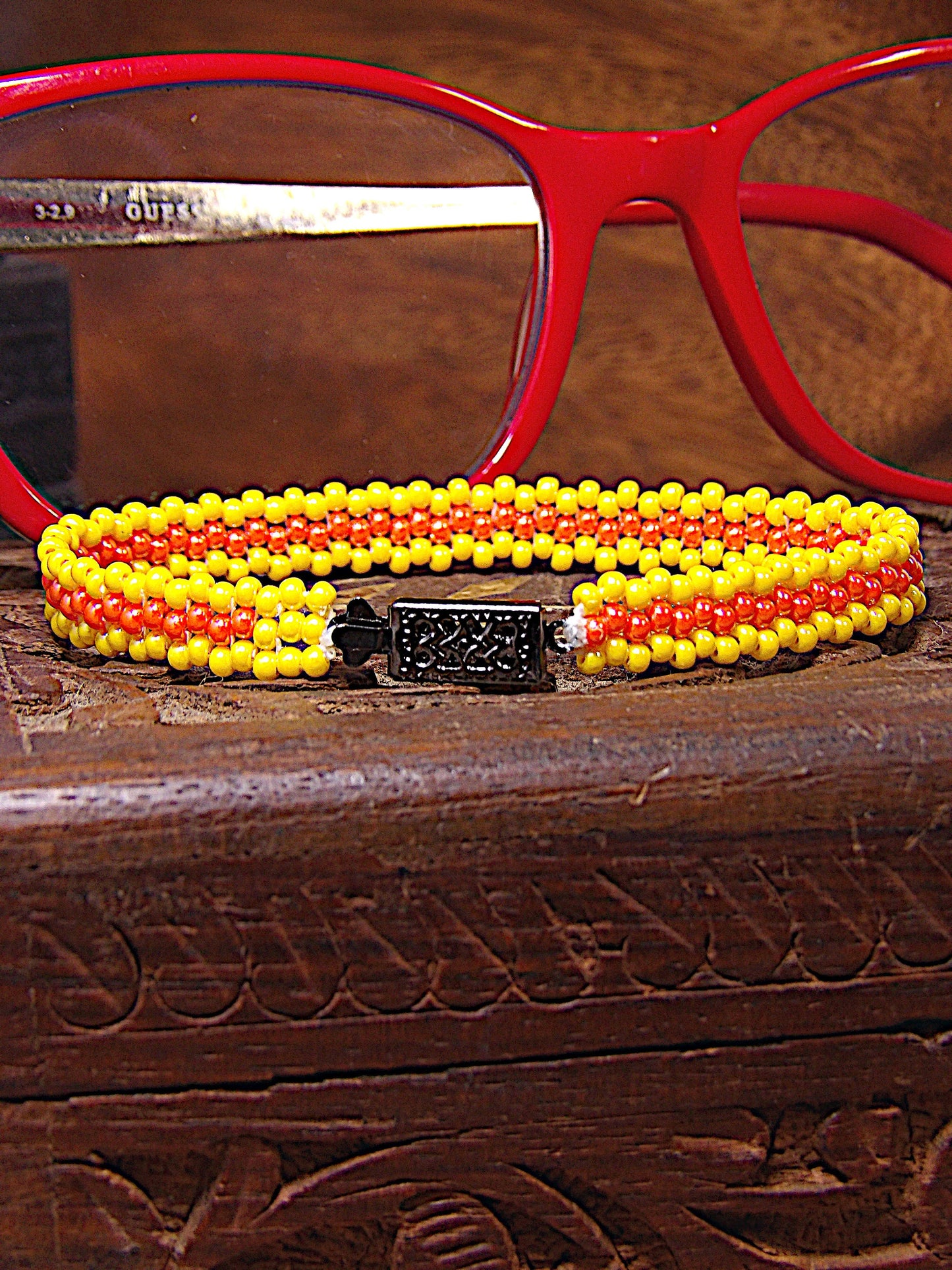 Dainty Yellow & Coral Orange Czech Glass Seed Bead Cuff Bracelet w/Filigree Clasp | Bright Woven Boho Jewelry | Handmade USA Boutique Gift