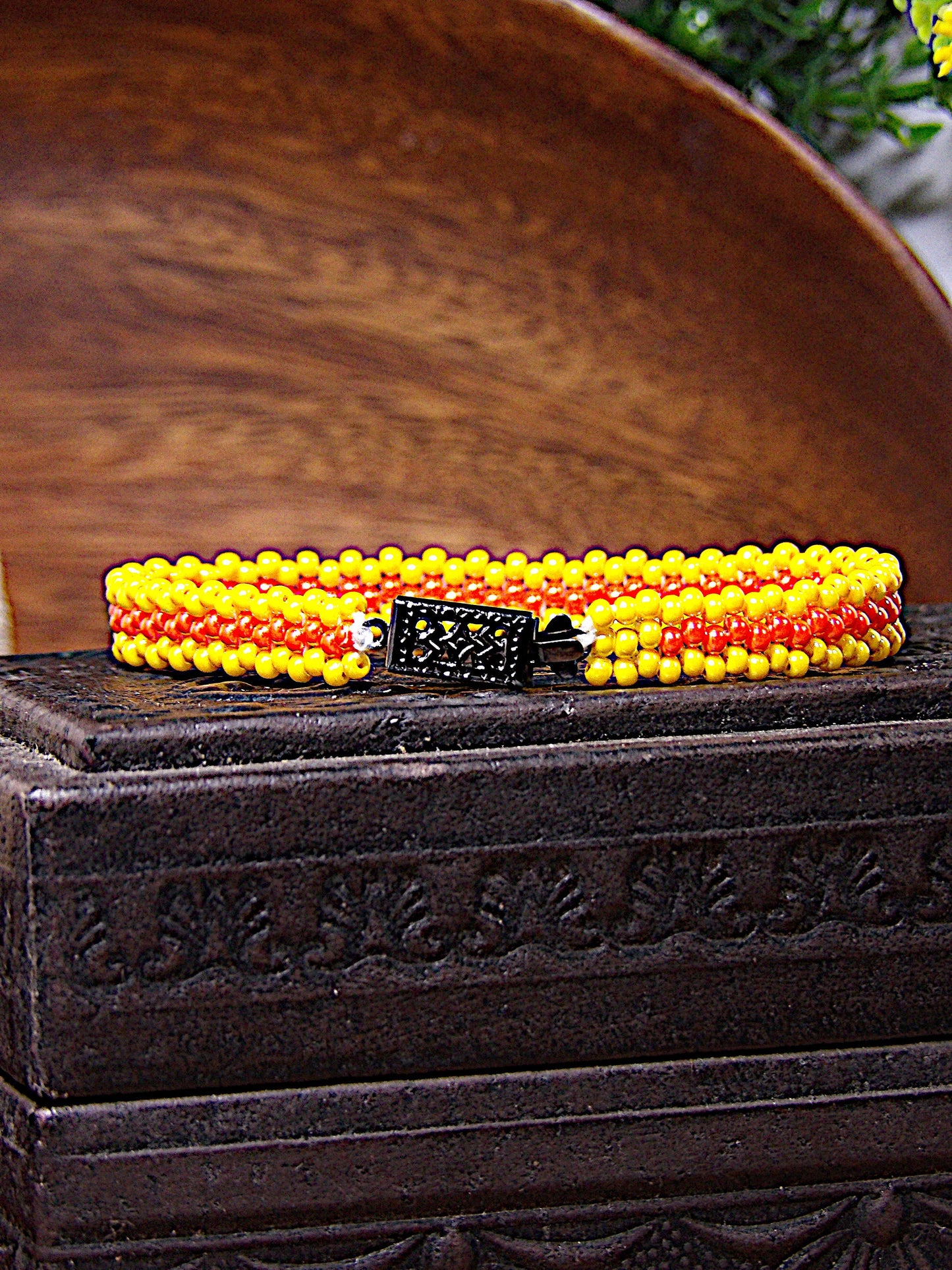 Dainty Yellow & Coral Orange Czech Glass Seed Bead Cuff Bracelet w/Filigree Clasp | Bright Woven Boho Jewelry | Handmade USA Boutique Gift