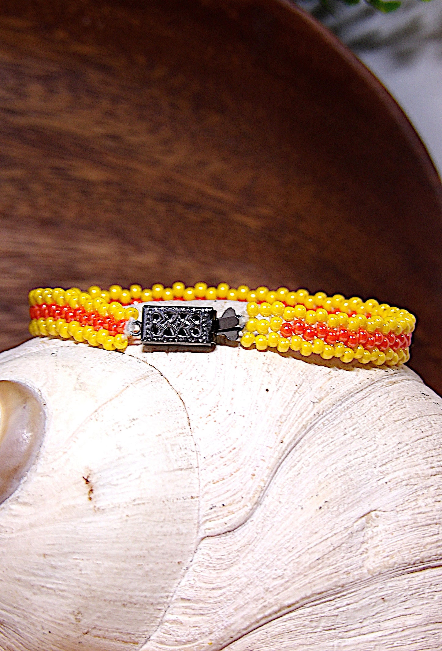 Dainty Yellow & Coral Orange Czech Glass Seed Bead Cuff Bracelet w/Filigree Clasp | Bright Woven Boho Jewelry | Handmade USA Boutique Gift