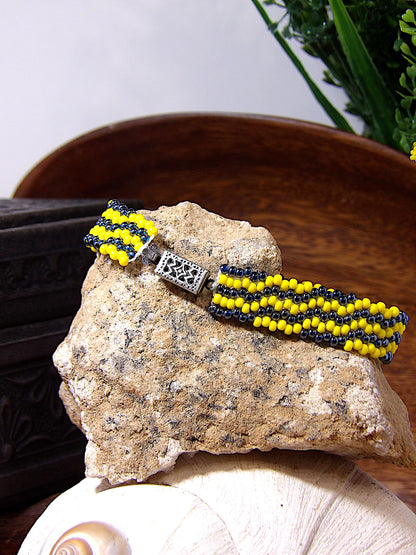 Luster Blue & Yellow Seed Bead Wave Cuff Bracelet w/Filigree Clasp | Bright Woven Boho Jewelry | Handmade USA Boutique One Of A Kind Gift