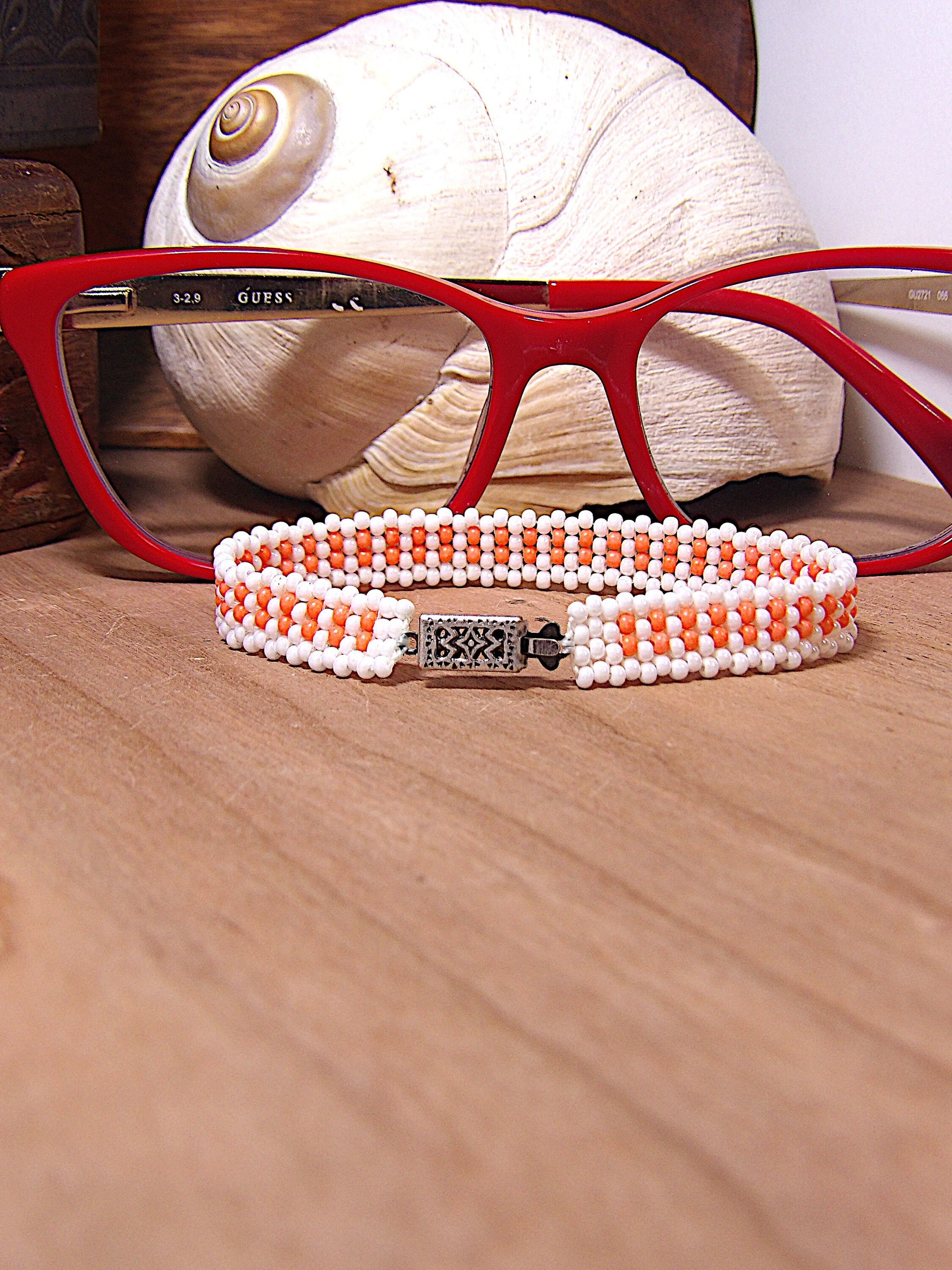 Dainty Pearl White & Light Peach Coral Czech Glass Seed Bead Bracelet W/Orante Clasp | Woven Bohemian Jewelry | Handmade USA Boutique Gift