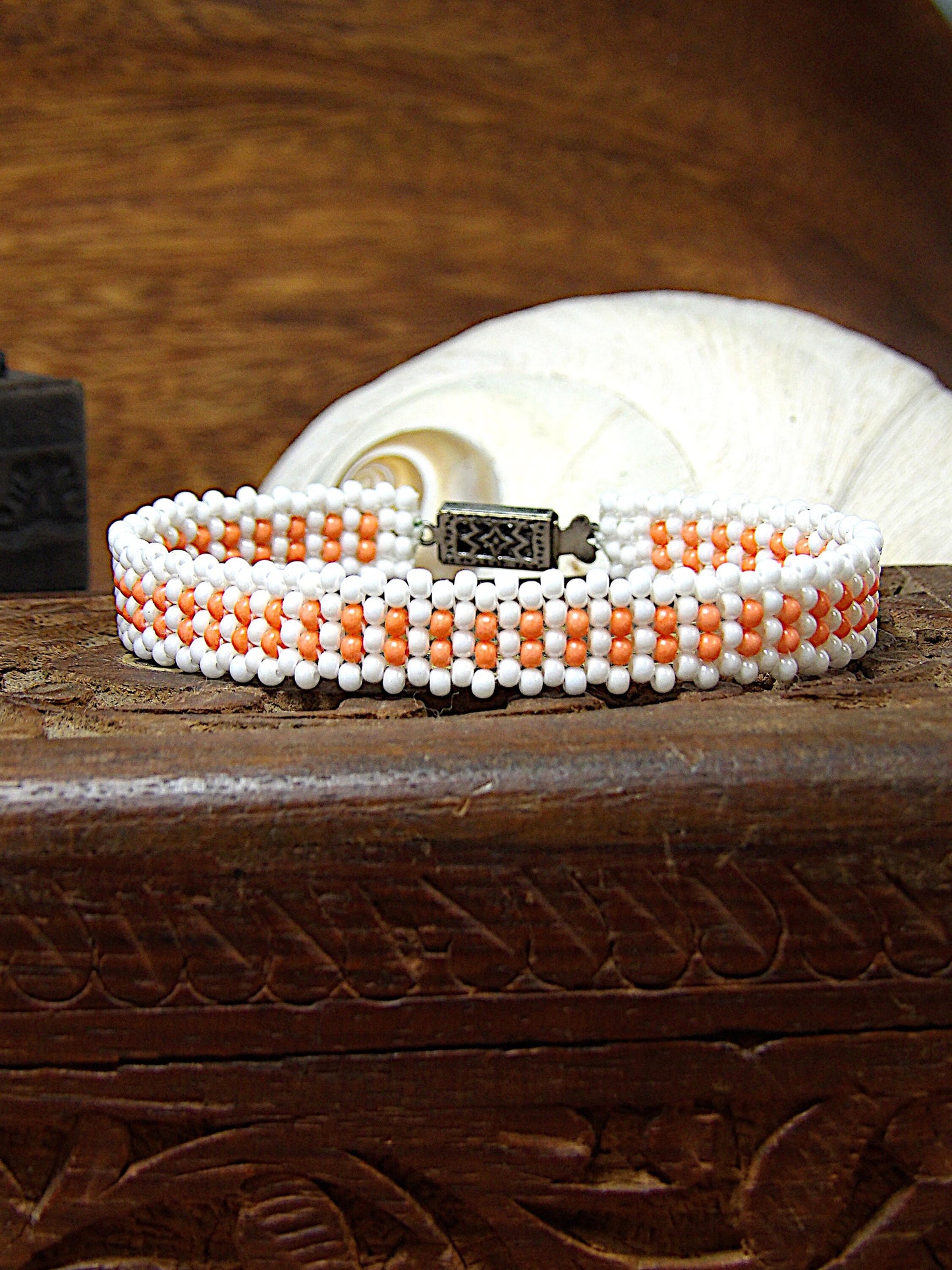 Dainty Pearl White & Light Peach Coral Czech Glass Seed Bead Bracelet W/Orante Clasp | Woven Bohemian Jewelry | Handmade USA Boutique Gift