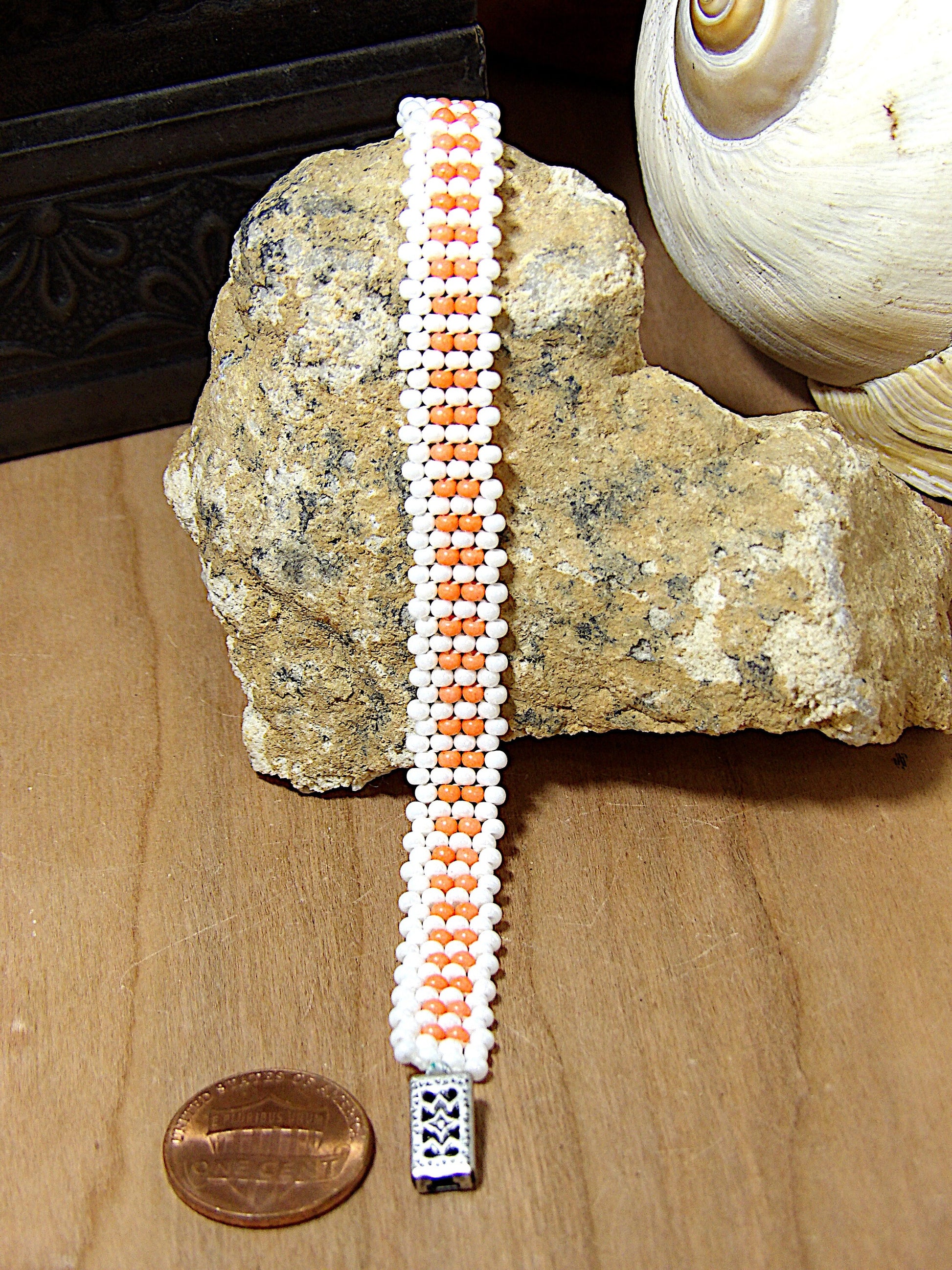 Dainty Pearl White & Light Peach Coral Czech Glass Seed Bead Bracelet W/Orante Clasp | Woven Bohemian Jewelry | Handmade USA Boutique Gift