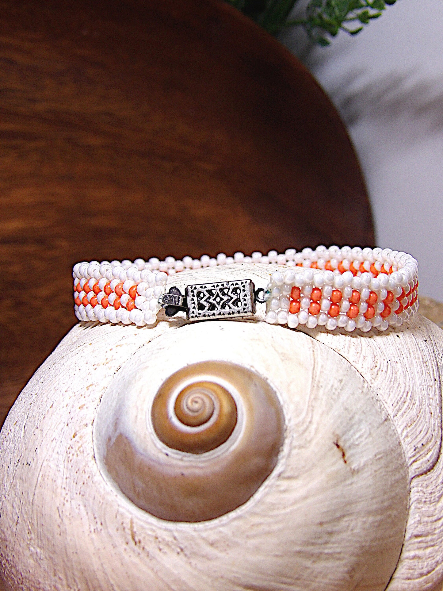 Dainty Pearl White & Light Peach Coral Czech Glass Seed Bead Bracelet W/Orante Clasp | Woven Bohemian Jewelry | Handmade USA Boutique Gift
