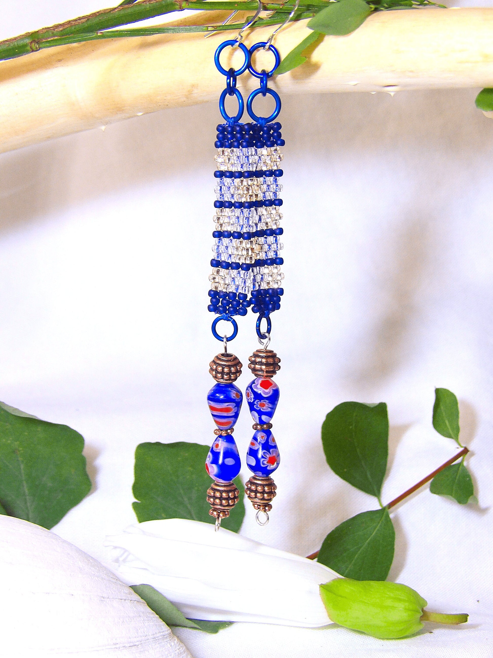 Handmade Boho Jewelry Set - Czech Glass Seed Bead Bracelet & Dangle Earrings w/Blue Millefiori | Art Deco Statement Jewelry | Ladies Gift