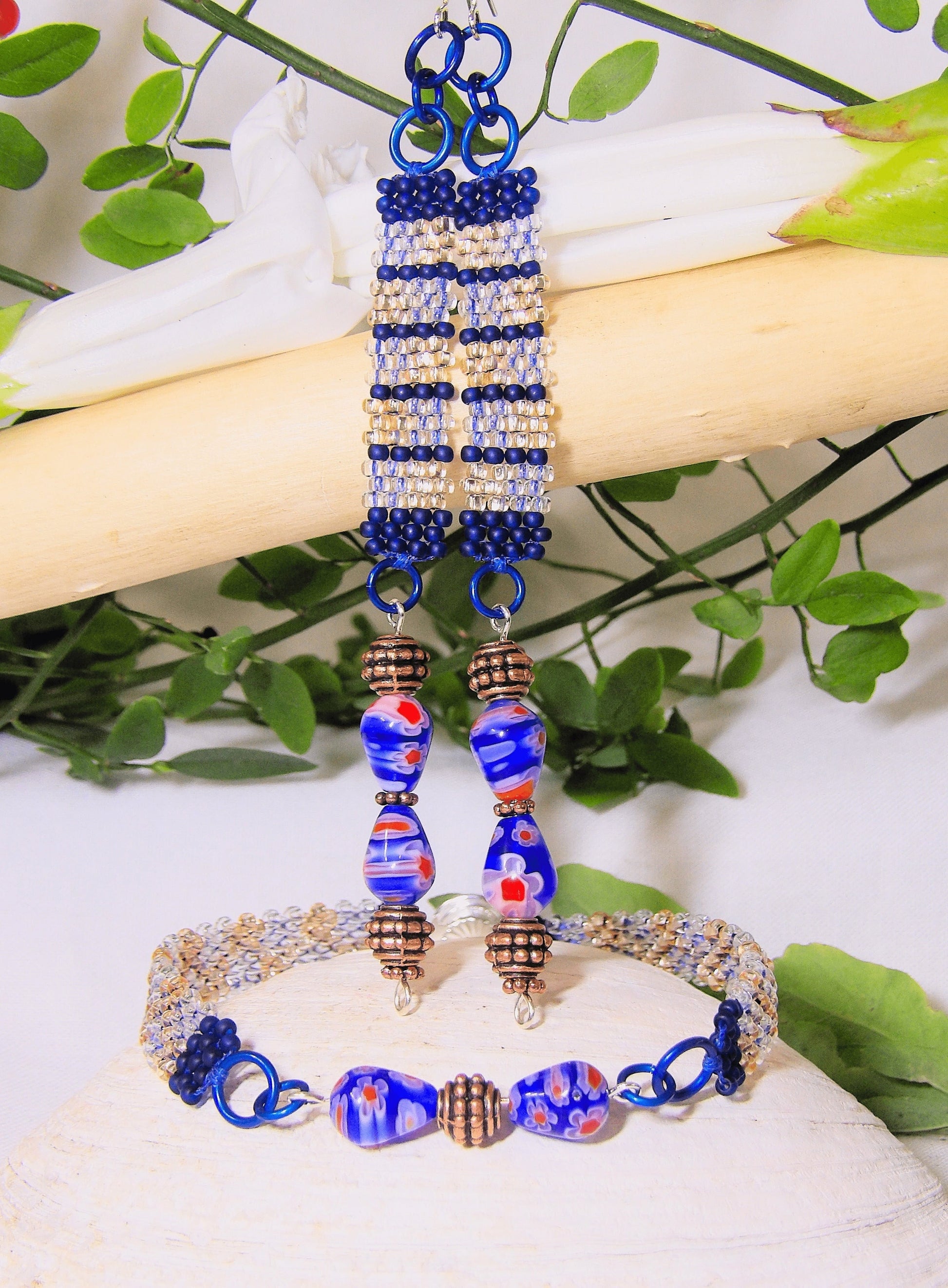 Handmade Boho Jewelry Set - Czech Glass Seed Bead Bracelet & Dangle Earrings w/Blue Millefiori | Art Deco Statement Jewelry | Ladies Gift