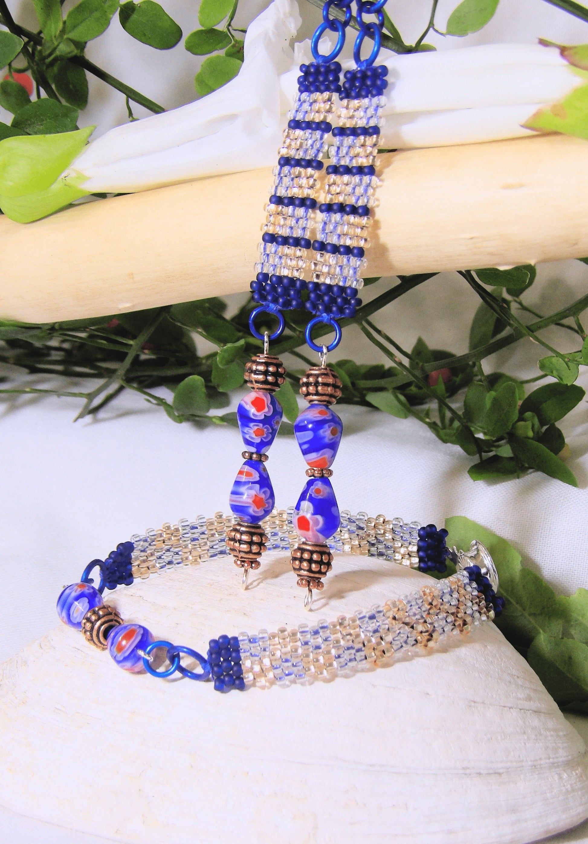 Handmade Boho Jewelry Set - Czech Glass Seed Bead Bracelet & Dangle Earrings w/Blue Millefiori | Art Deco Statement Jewelry | Ladies Gift
