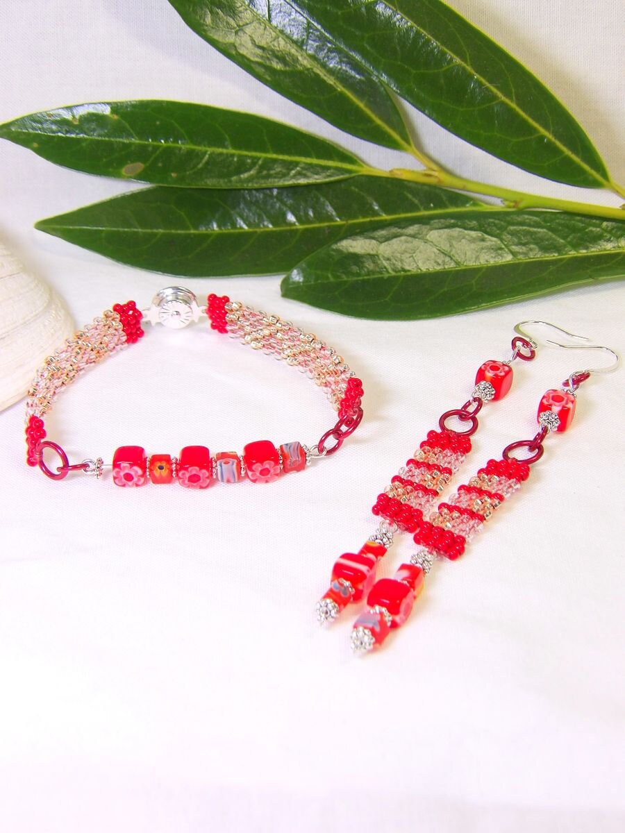Boho Beaded Bracelet & Earrings Set | Czech Glass Bead Beadwork | Hand Woven Bohemian Jewelry | Handmade Beaded Bracelet Gift Set For Women