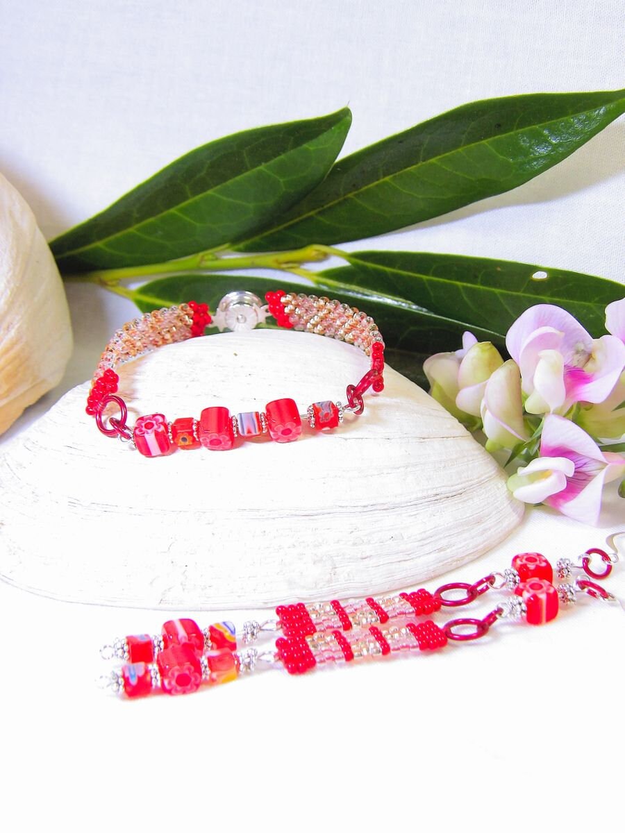 Boho Beaded Bracelet & Earrings Set | Czech Glass Bead Beadwork | Hand Woven Bohemian Jewelry | Handmade Beaded Bracelet Gift Set For Women