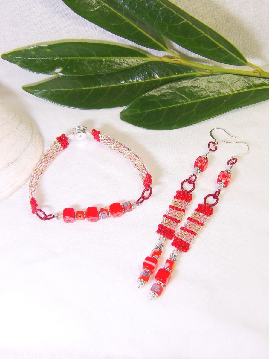 Boho Beaded Bracelet & Earrings Set | Czech Glass Bead Beadwork | Hand Woven Bohemian Jewelry | Handmade Beaded Bracelet Gift Set For Women