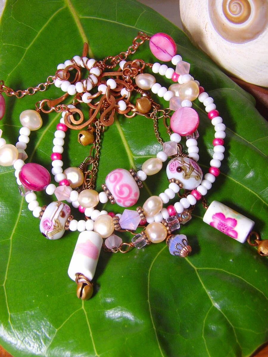 Baroque Pearl Bracelet Set - 5 Layering Beaded Bracelets | Pink Swarovski Stacking Bracelets | Fresh Water Pearls | Boho Aesthetic Jewelry