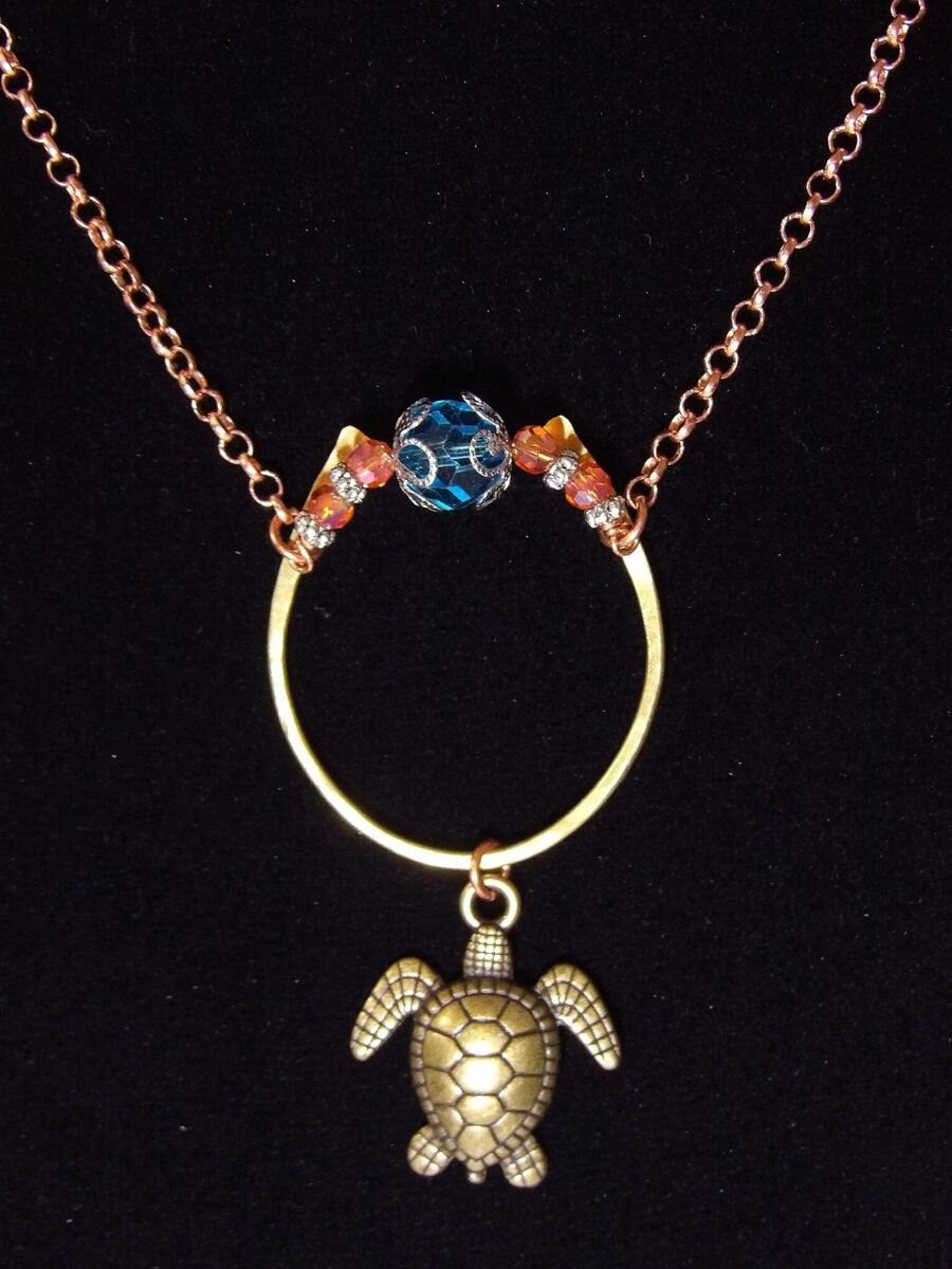 Sea Turtle Necklace With Blue Swarovski Crystal & Hammered Brass Arch Pendant | Unique Boho Sea Jewelry | One Of A Kind Holiday Gift For Her