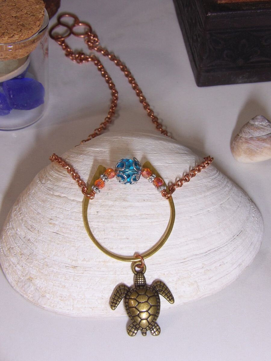 Sea Turtle Necklace With Blue Swarovski Crystal & Hammered Brass Arch Pendant | Unique Boho Sea Jewelry | One Of A Kind Holiday Gift For Her