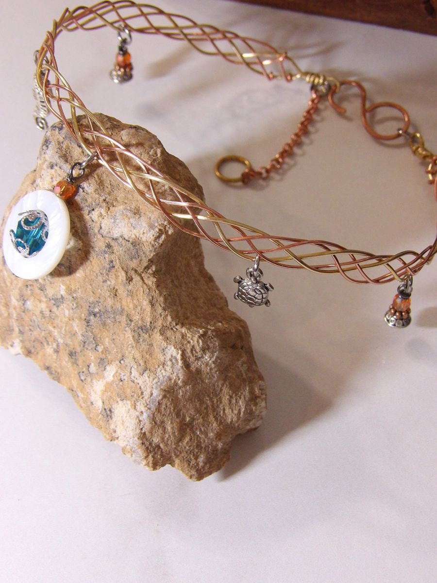 Braided Choker Charm Necklace With Crystals, Sea Turtle & Seahorse | Handmade Boho Hippie Jewelry | Aesthetic Jewelry | Rococo Jewelry
