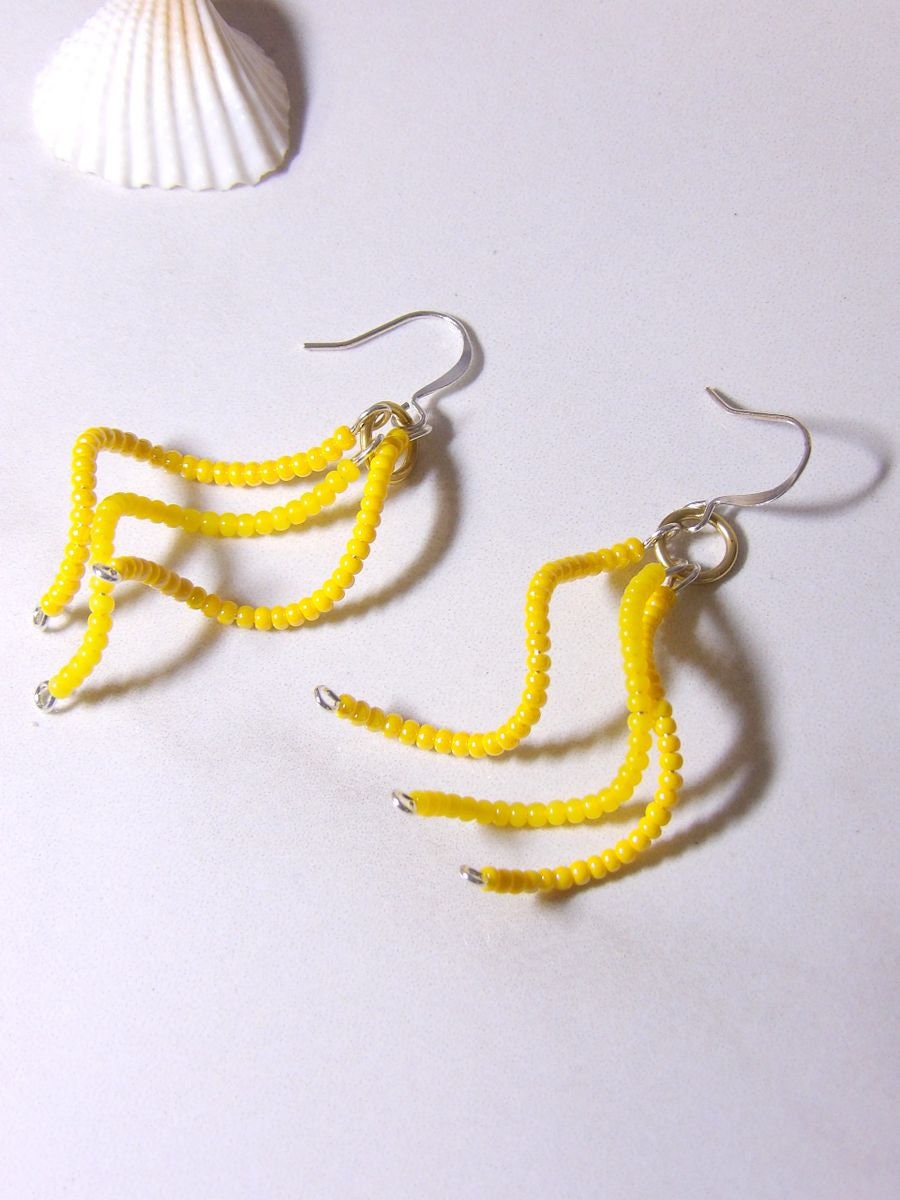 Yellow Beaded Spiral Earrings | Czech Glass Seed Bead Dangle Earrings | Twisted Earrings | Boho Chic Jewelry | Hippie Jewelry | Unique Gift