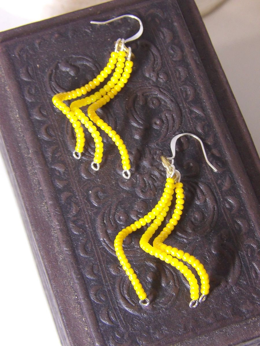 Yellow Beaded Spiral Earrings | Czech Glass Seed Bead Dangle Earrings | Twisted Earrings | Boho Chic Jewelry | Hippie Jewelry | Unique Gift