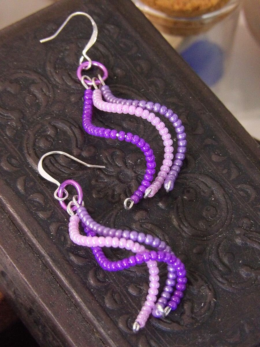 Purple Beaded Spiral Earrings | Czech Glass Seed Bead Dangle Earrings | Twisted Earrings | Boho Chic Jewelry | Hippie Jewelry | Unique Gift