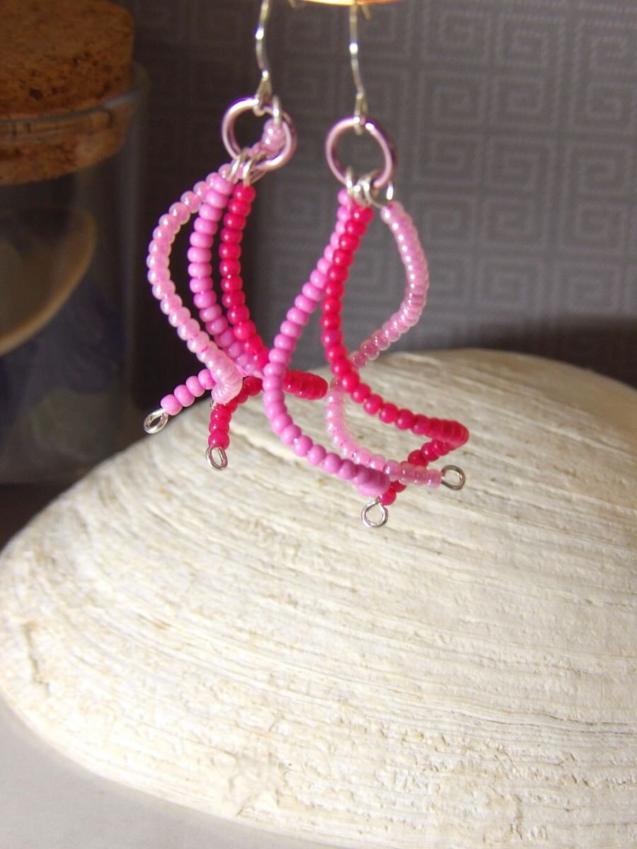 Pink Beaded Spiral Earrings | Czech Glass Seed Bead Dangle Earrings | Twisted Earrings | Boho Chic Jewelry | Hippie Jewelry | Unique Gift