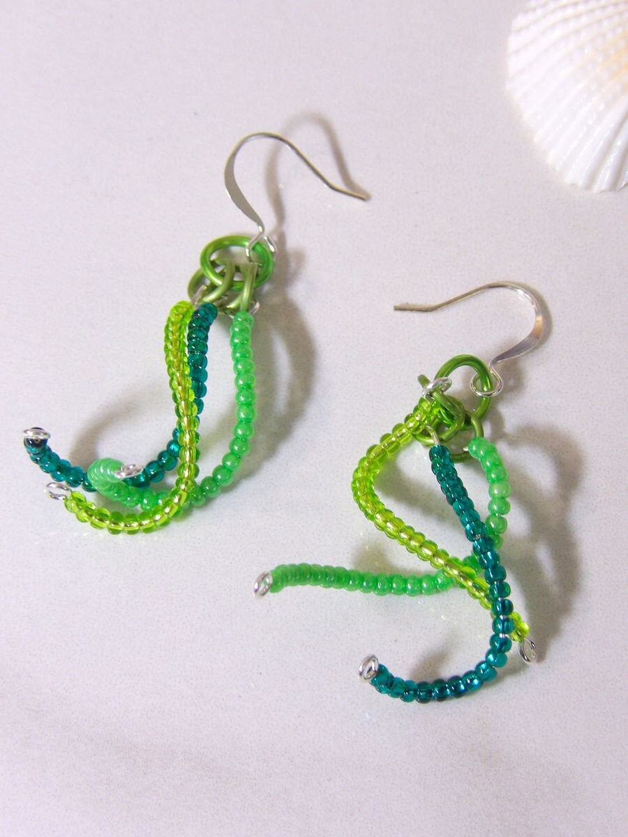 Green Beaded Spiral Earrings | Czech Glass Seed Bead Dangle Earrings | Twisted Earrings | Boho Chic Jewelry | Hippie Jewelry | Unique Gift