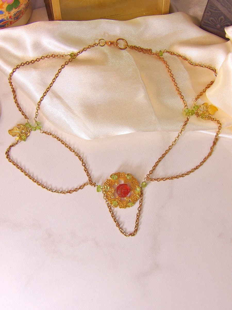Victorian Agate Rose Choker Necklace With Peridot Accents | Gothic Bohemian Necklace | Handmade Boho Chic Jewlery | One Of A Kind Necklace