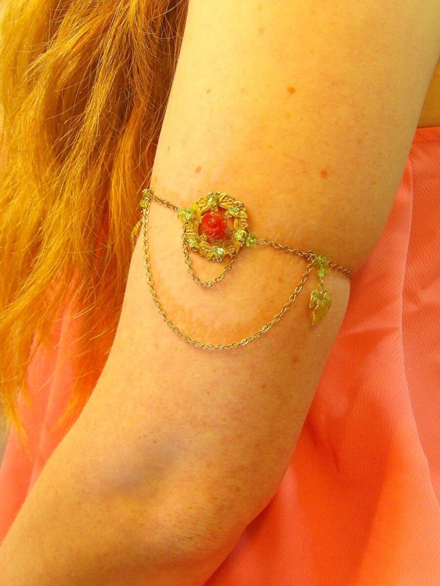 Agate Rose Upper Arm Bracelet With Peridot Accents | Boho Bicep Cuff | Armlet For Women | One Of A Kind Bohemian Jewelry | Handmade Jewelry