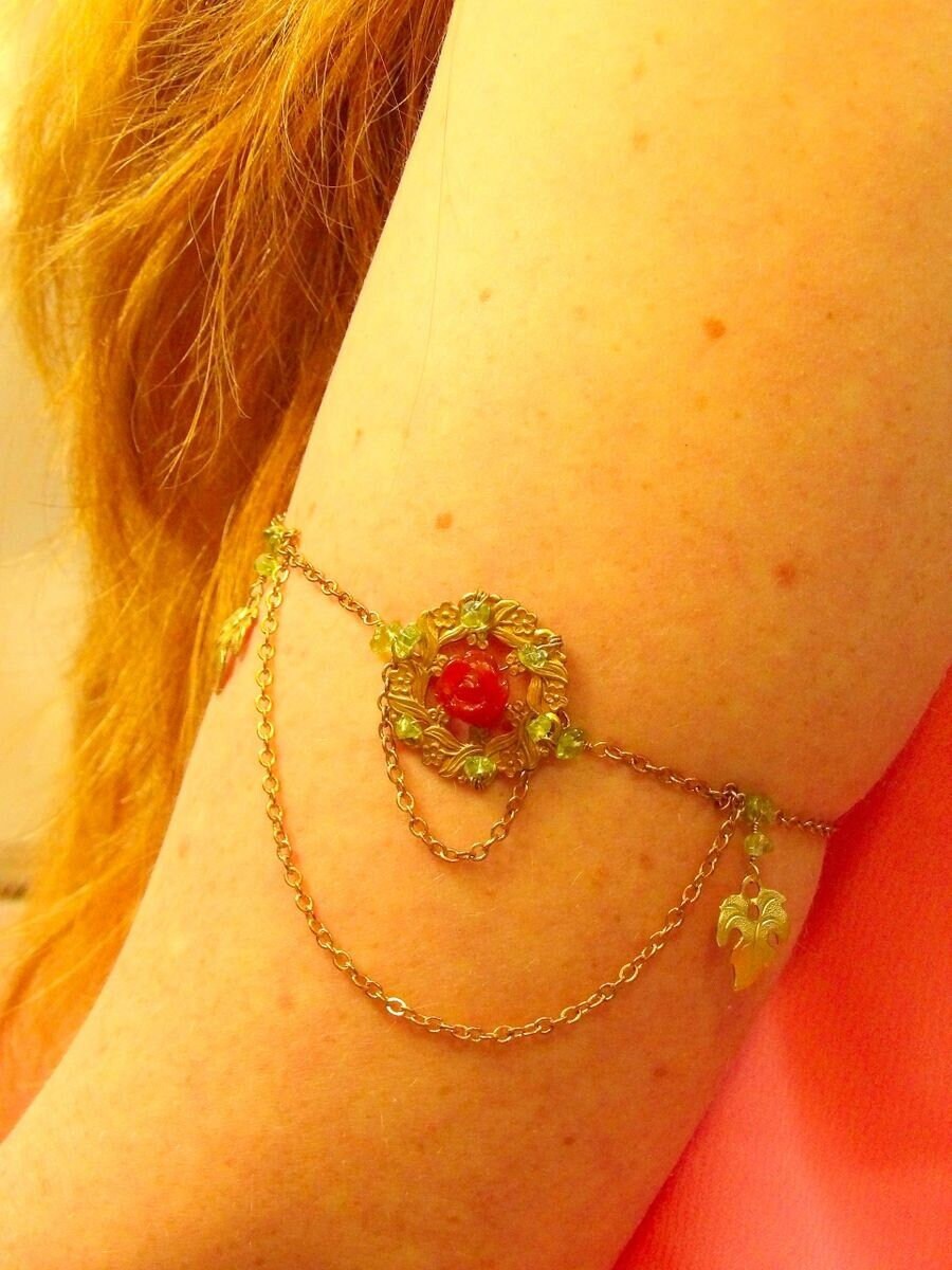 Agate Rose Upper Arm Bracelet With Peridot Accents | Boho Bicep Cuff | Armlet For Women | One Of A Kind Bohemian Jewelry | Handmade Jewelry