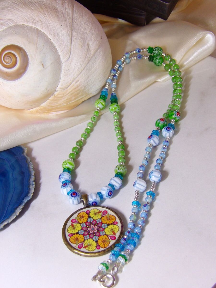 Long Bohemian Necklace With Pendant | Hand Beaded Millefiori Necklace | Boho Hippie Jewelry | Statement Jewelry For Women | Handmade Jewlery