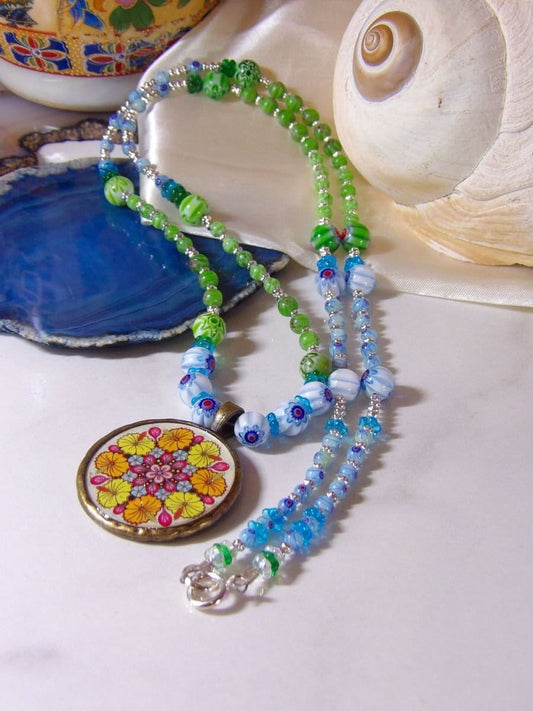 Long Bohemian Necklace With Pendant | Hand Beaded Millefiori Necklace | Boho Hippie Jewelry | Statement Jewelry For Women | Handmade Jewlery