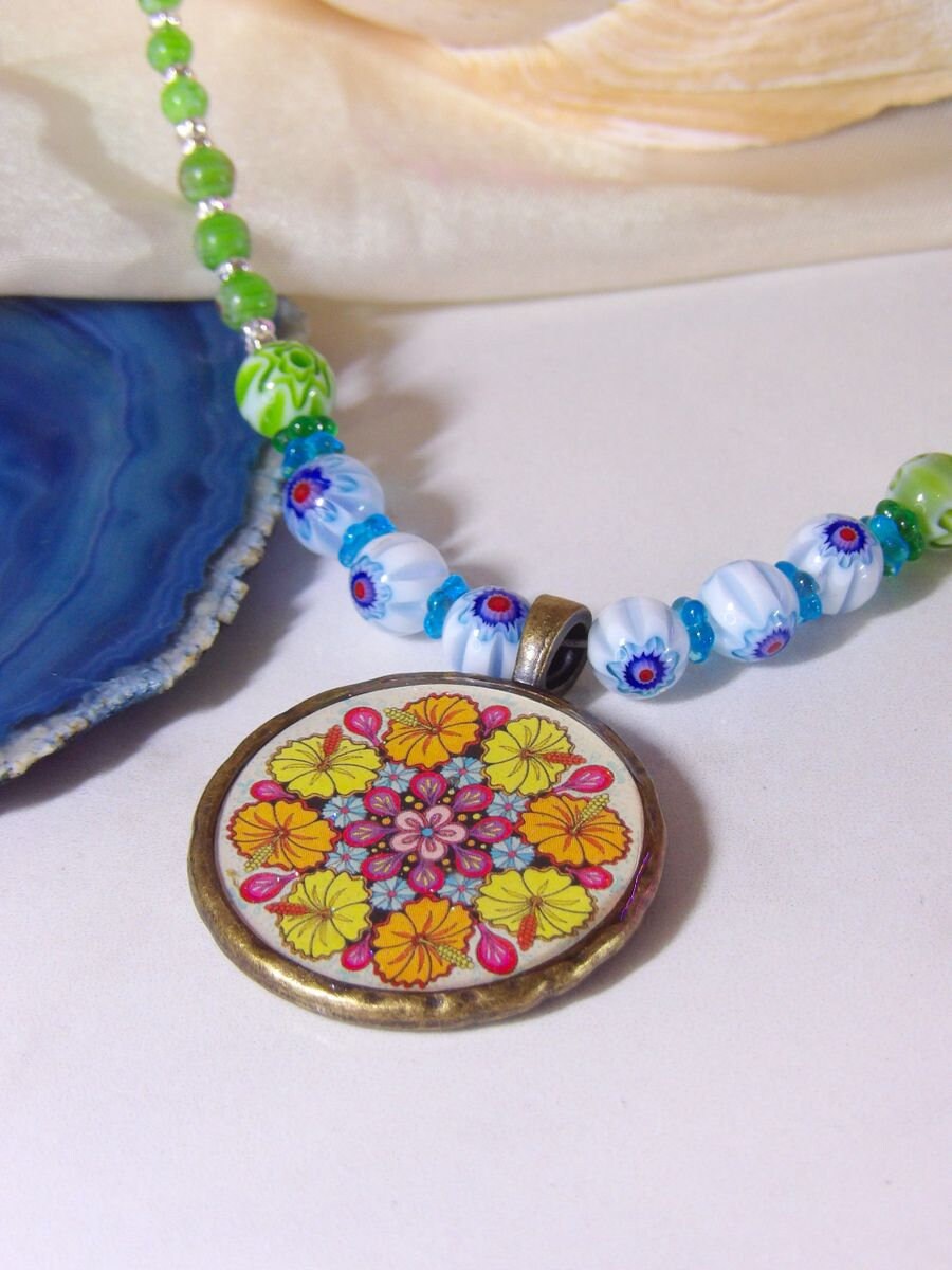 Long Bohemian Necklace With Pendant | Hand Beaded Millefiori Necklace | Boho Hippie Jewelry | Statement Jewelry For Women | Handmade Jewlery