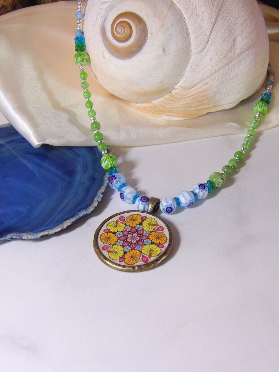 Long Bohemian Necklace With Pendant | Hand Beaded Millefiori Necklace | Boho Hippie Jewelry | Statement Jewelry For Women | Handmade Jewlery