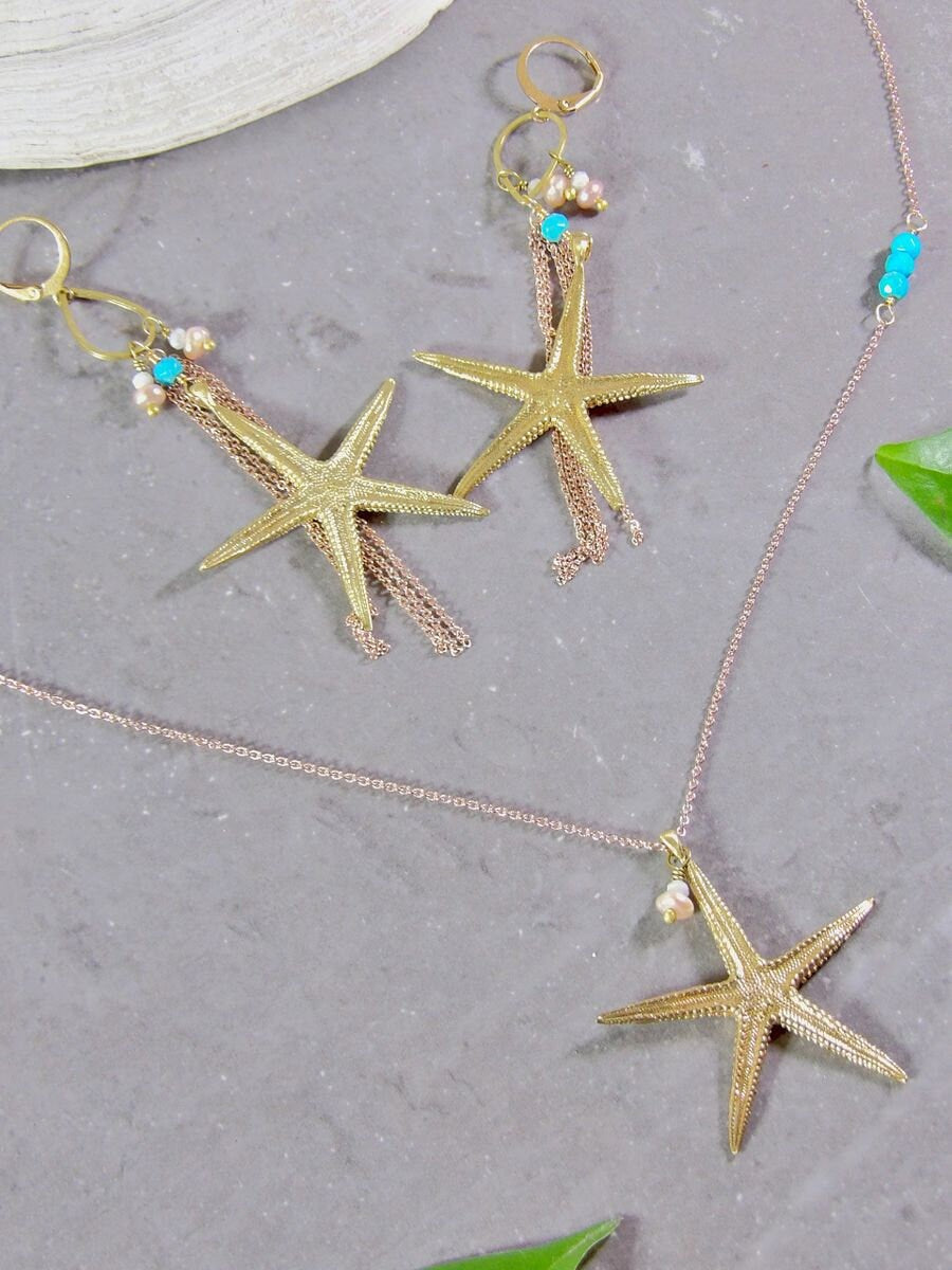 Starfish Necklace With Nacozari Turquoise & Pearl Accent | Artisan Boho Jewelry