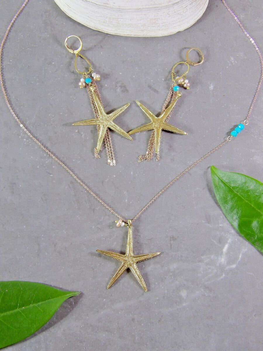 Starfish Necklace With Nacozari Turquoise & Pearl Accent | Artisan Boho Jewelry