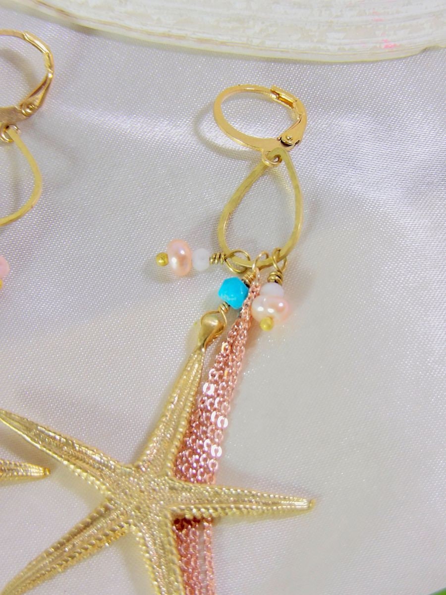 Starfish Earrings With Nacozari Turquoise & Pearls | Artisan Boho Chic Jewelry