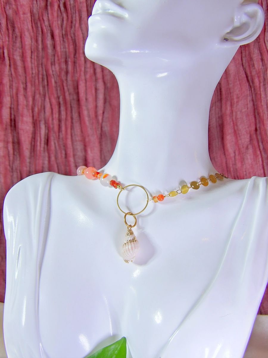 Shell Choker Necklace With Agate & Carnelian | Half Chain Necklace | Agate Jewelry | Carnelian Jewelry | Artisan Boho Jewelry | Gift For Her