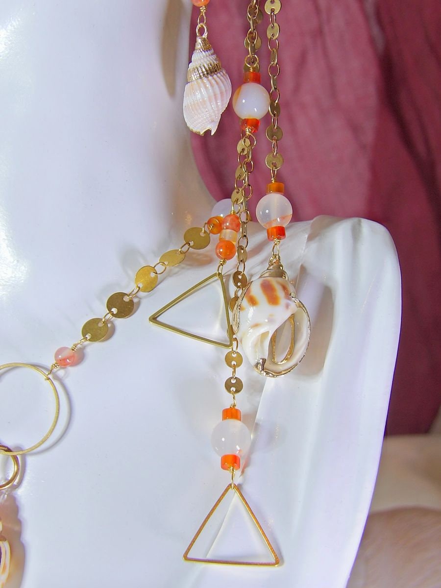 Ear Wrap With Brass Sequin Chains, Agate & Carnelian | Ear Cuff No Piercing | Chain Ear Cuff | Artisan Boho Jewelry | Gift For Her