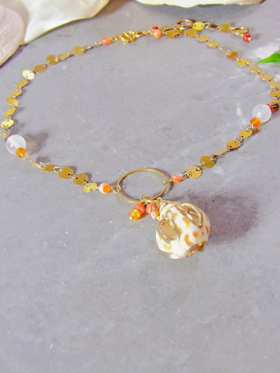 Shell Pendant Choker Necklace | Sequin Coin Chain | Montana Agate Jewelry | Carnelian Jewlery | Artisan Boho Jewelry | Unique Gift For Her