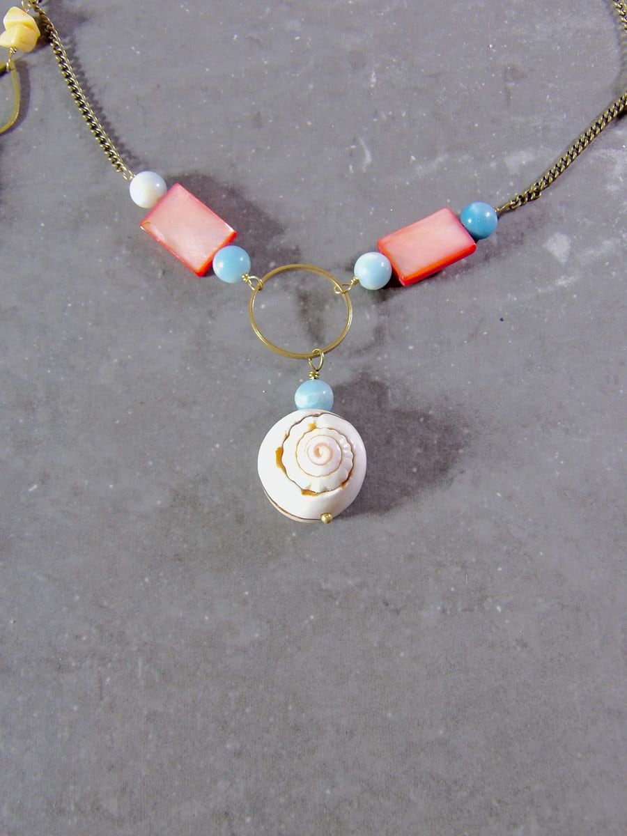 Shell Choker Necklace With Larimar Quartz, Mother of Pearl & Yellow Jade | Artisan Boho Jewelry