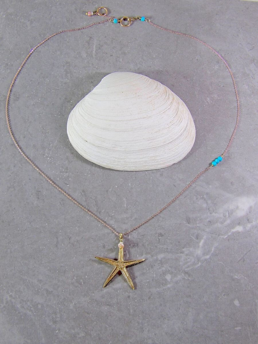 Starfish Necklace With Nacozari Turquoise & Pearl Accent | Artisan Boho Jewelry